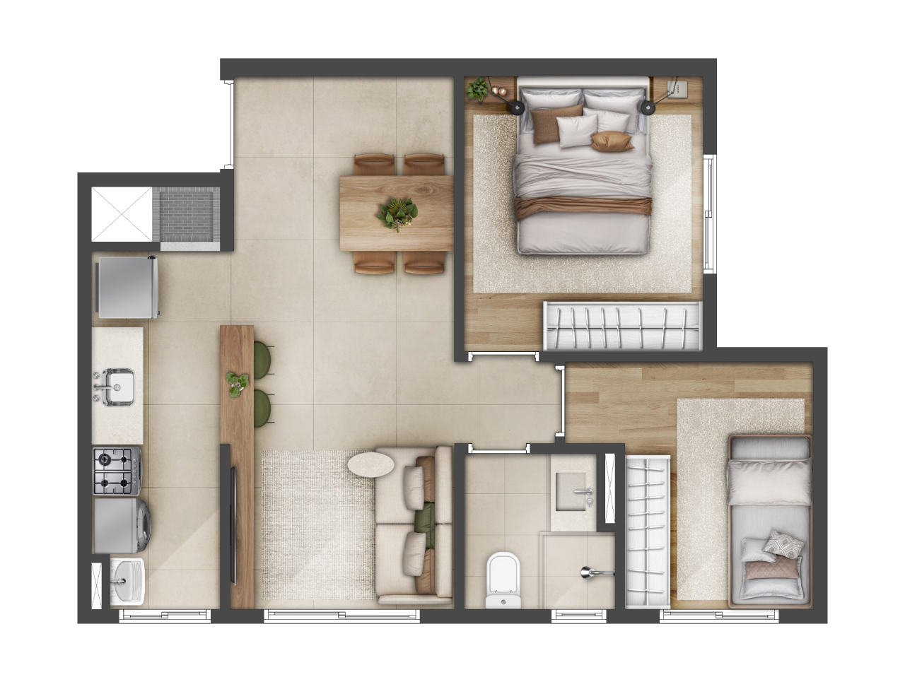 Planta humanizada do apartamento de ponta do Open Major, com 2 dormitórios e churrasqueira