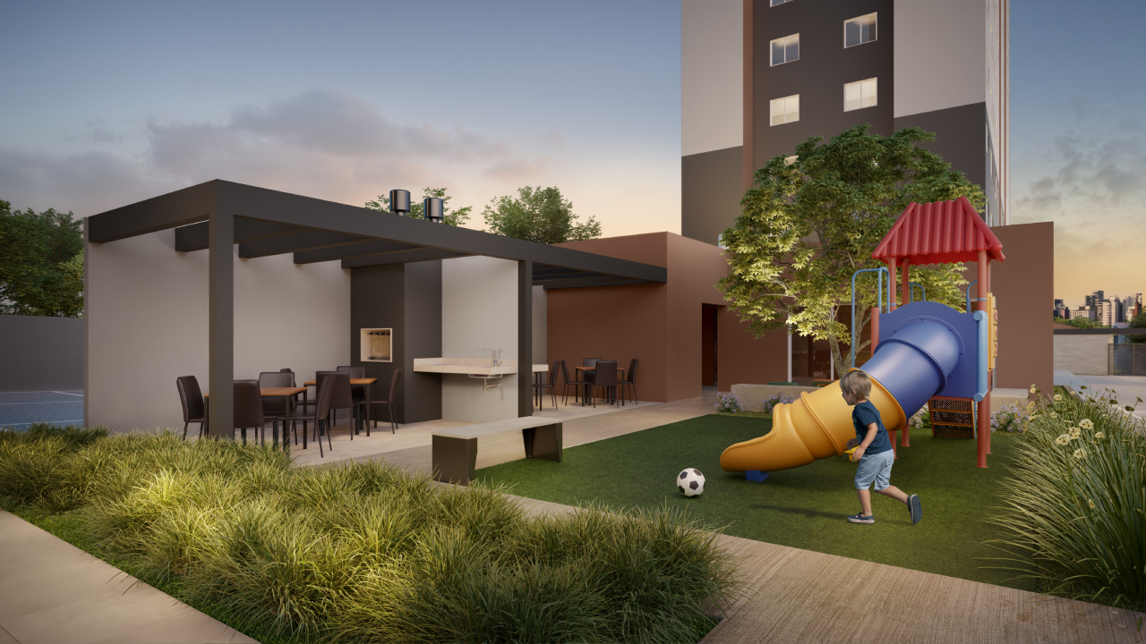 Render do espaço gourmet com churrasqueira e do playground do Open Major
