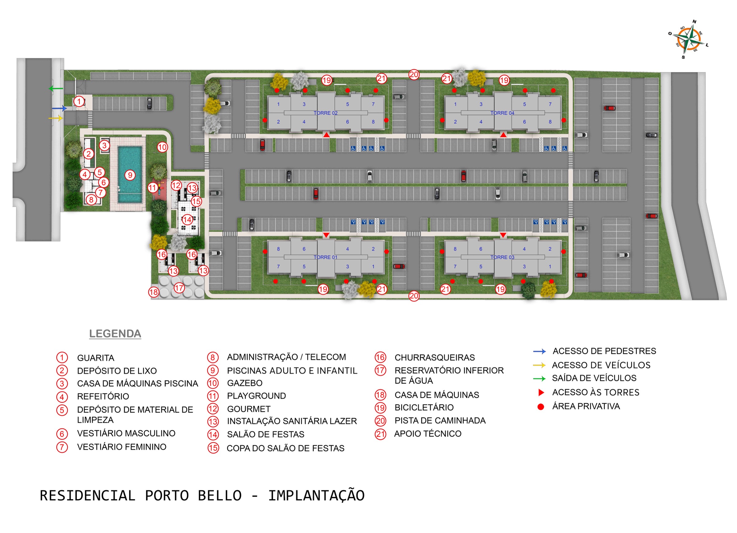 Prancha de implantacao do Residencial Porto Bello com a legenda das areas comuns