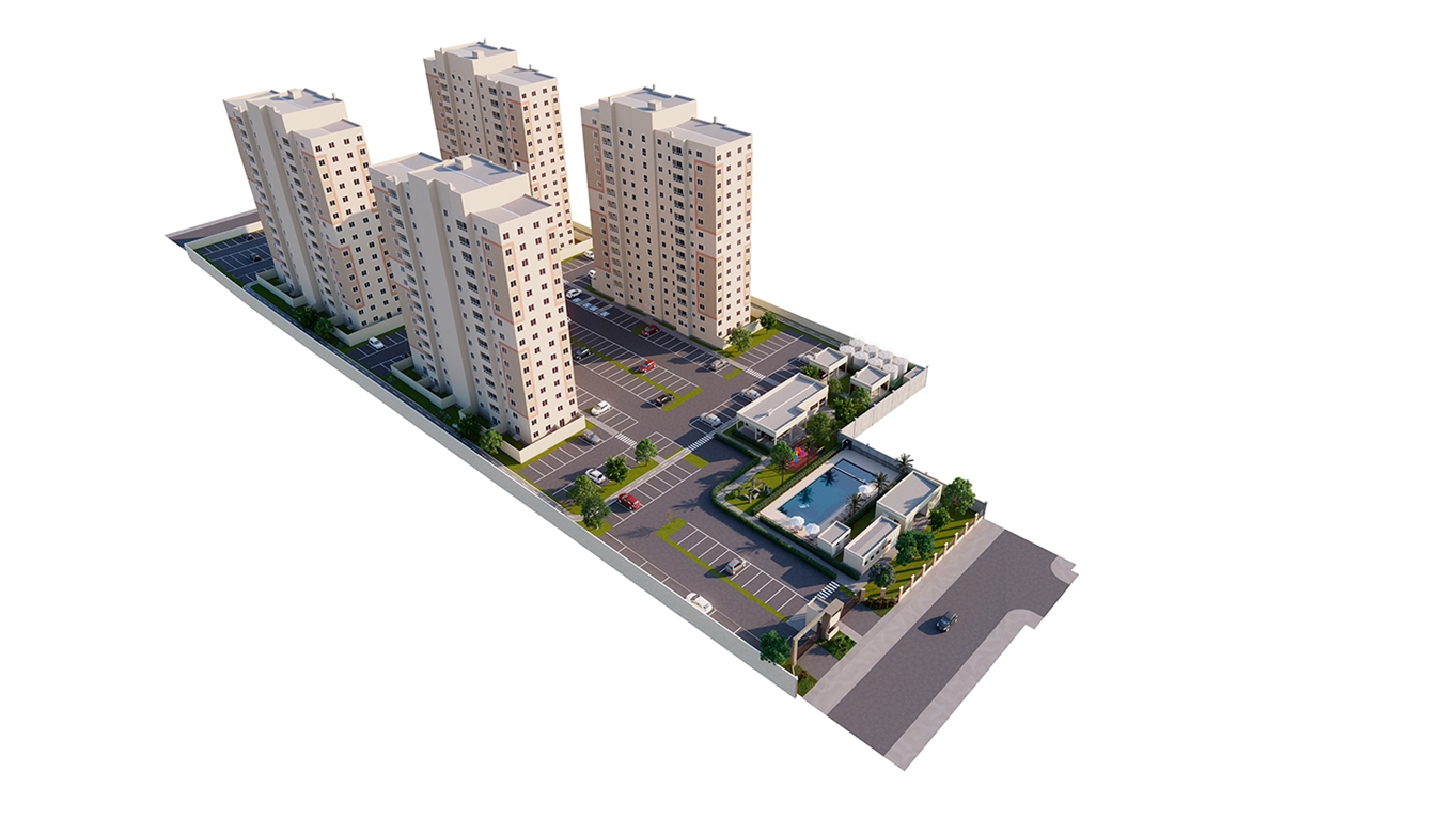 Maquete 3D do conjunto do Residencial Porto Bello em Canoas