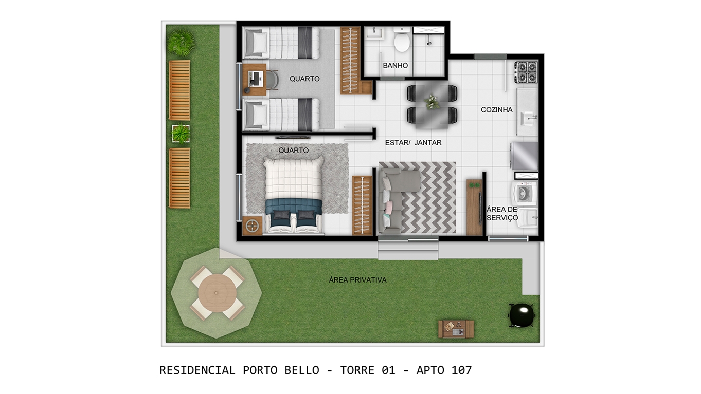 Planta oficial do apartamento 107 da Torre 01 do Porto Bello, 2 quartos com area privativa de terreo