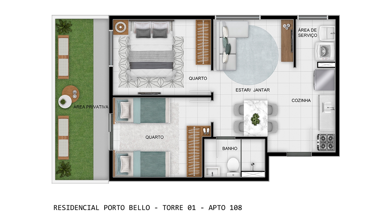 Planta oficial do apartamento 108 da Torre 01 do Porto Bello, 2 quartos com area privativa de terreo