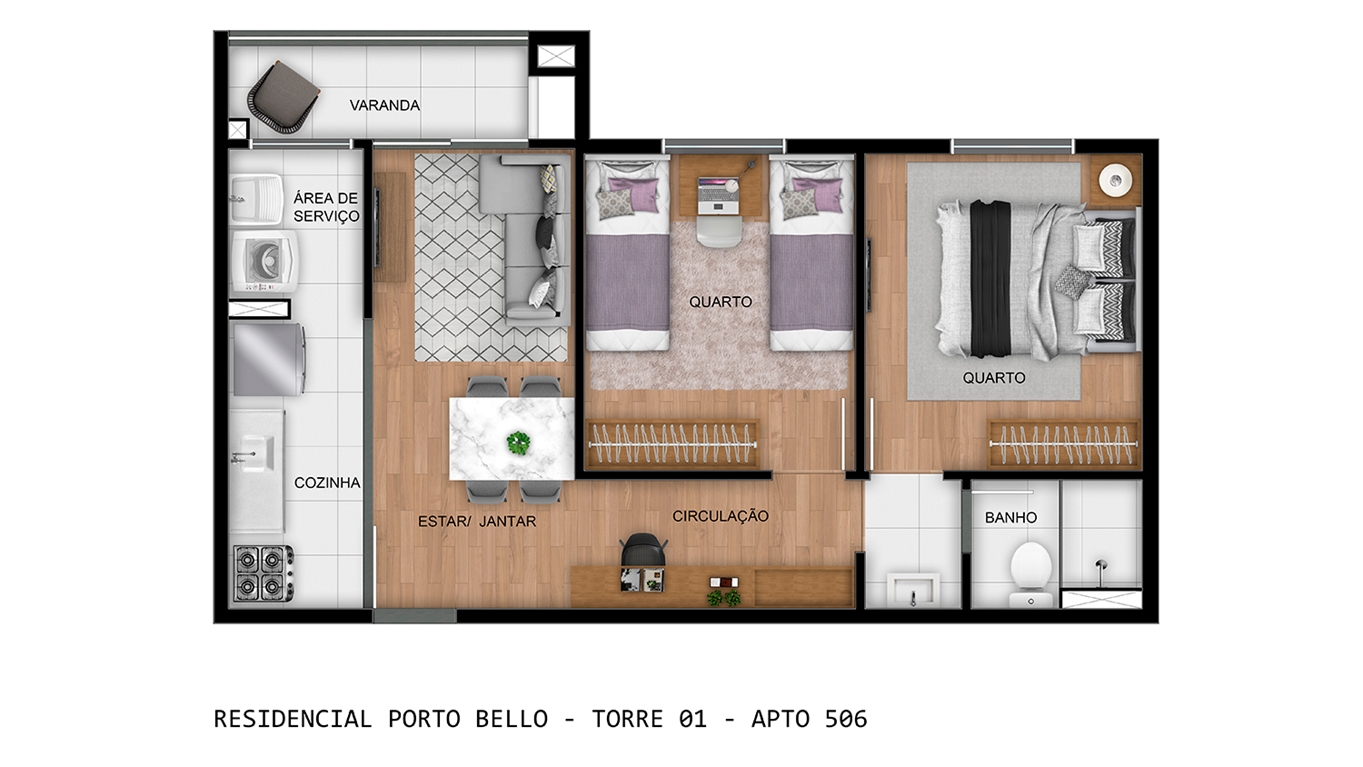 Planta oficial do apartamento 506 da Torre 01 do Porto Bello, 2 quartos com varanda