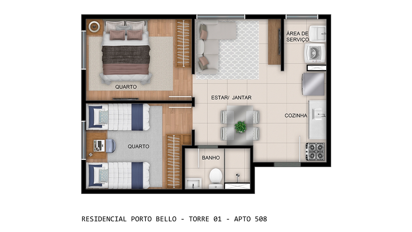 Planta oficial do apartamento 508 da Torre 01 do Porto Bello, 2 quartos sem varanda