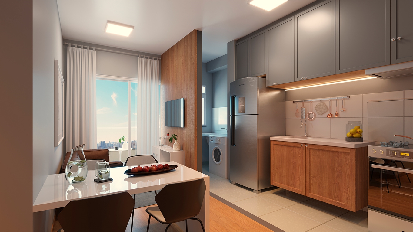 Ambiente decorado com sala integrada a cozinha em apartamento do Porto Bello