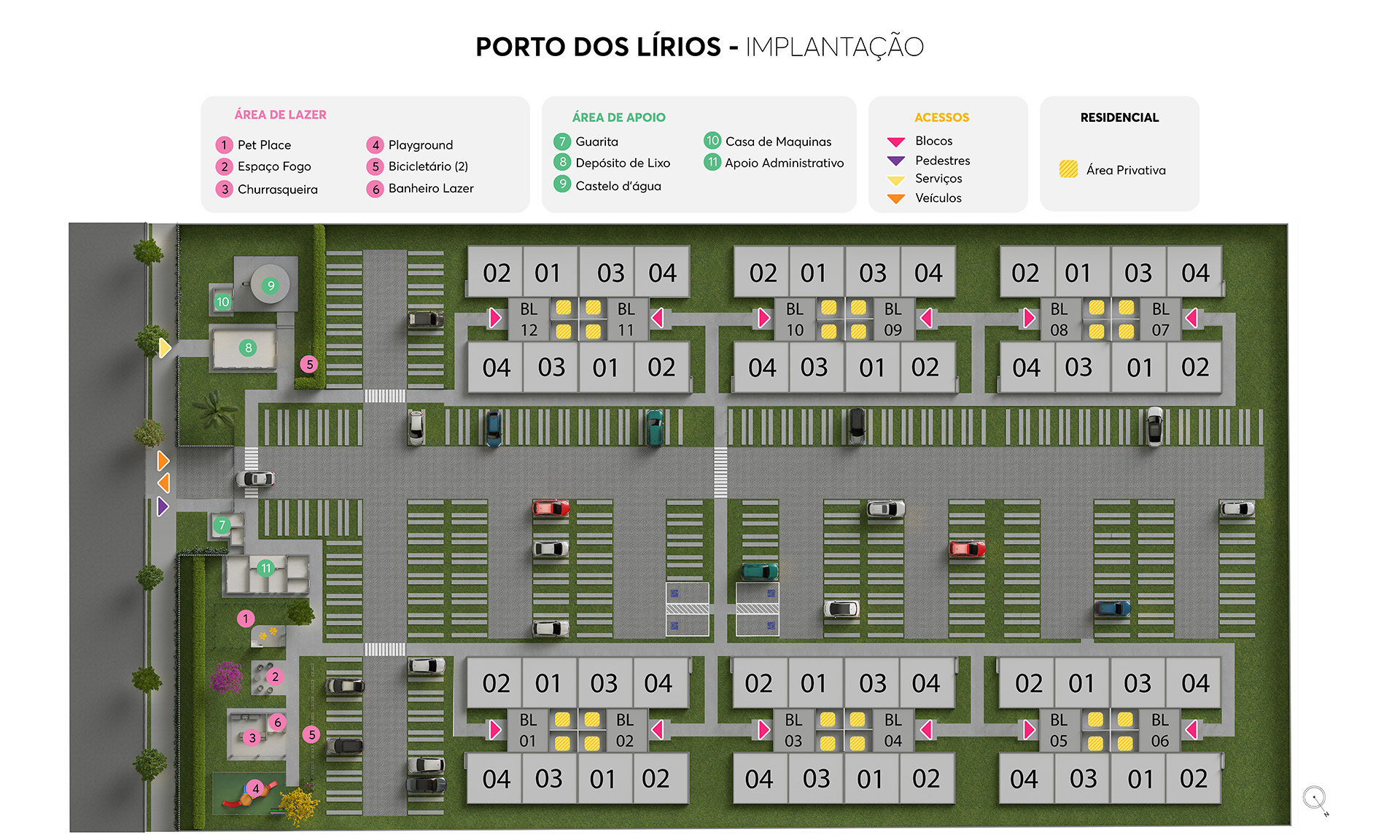 Implantação do Porto dos Lírios mostrando os 12 blocos e áreas comuns