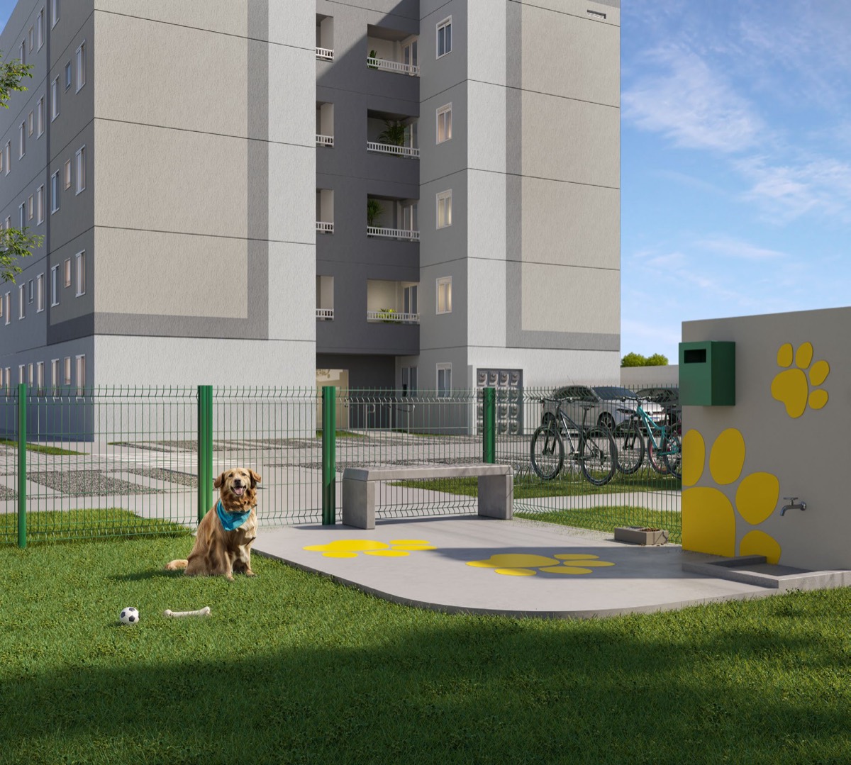 Pet place com golden retriever e bicicletário ao fundo no Porto dos Lírios