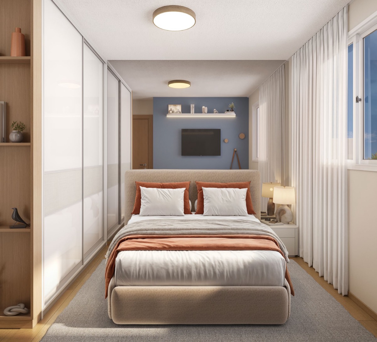 Quarto principal decorado do Porto dos Lírios com guarda-roupa
