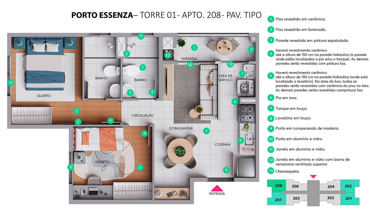 Planta do apartamento de 2 quartos do Porto Essenza MRV