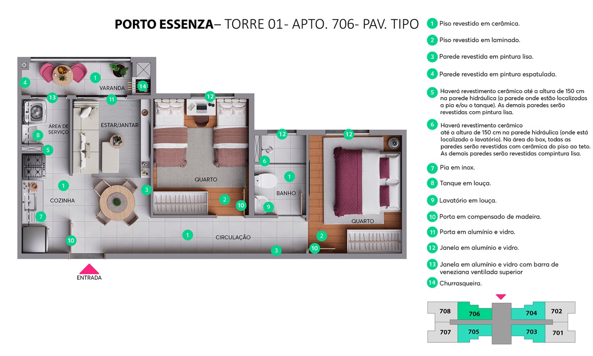Planta do apartamento 2 quartos 57 m² do Porto Essenza MRV