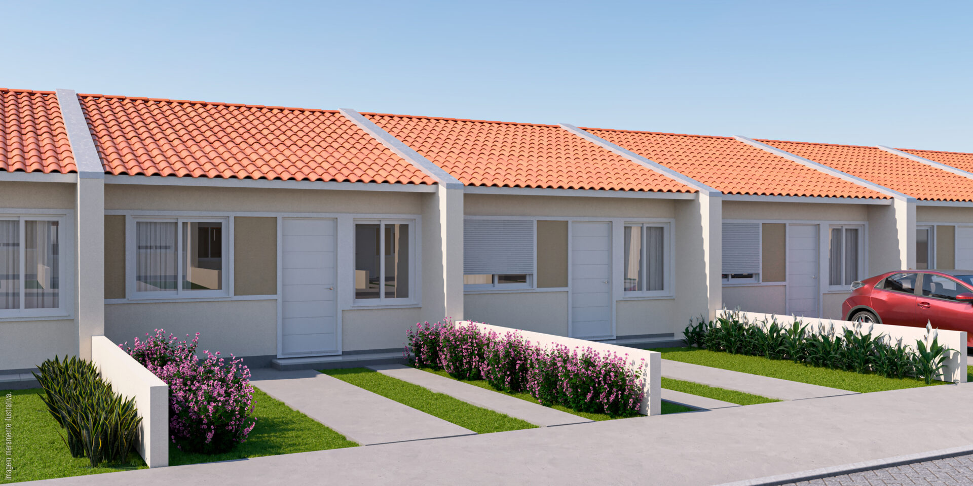Imagem de projeto das casas do Recanto das Flores em perspectiva a partir da rua