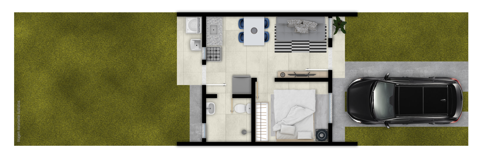 Planta oficial da Casa D do Recanto das Flores: 1 quarto, banheiro, estar integrado à cozinha, pátio e vaga