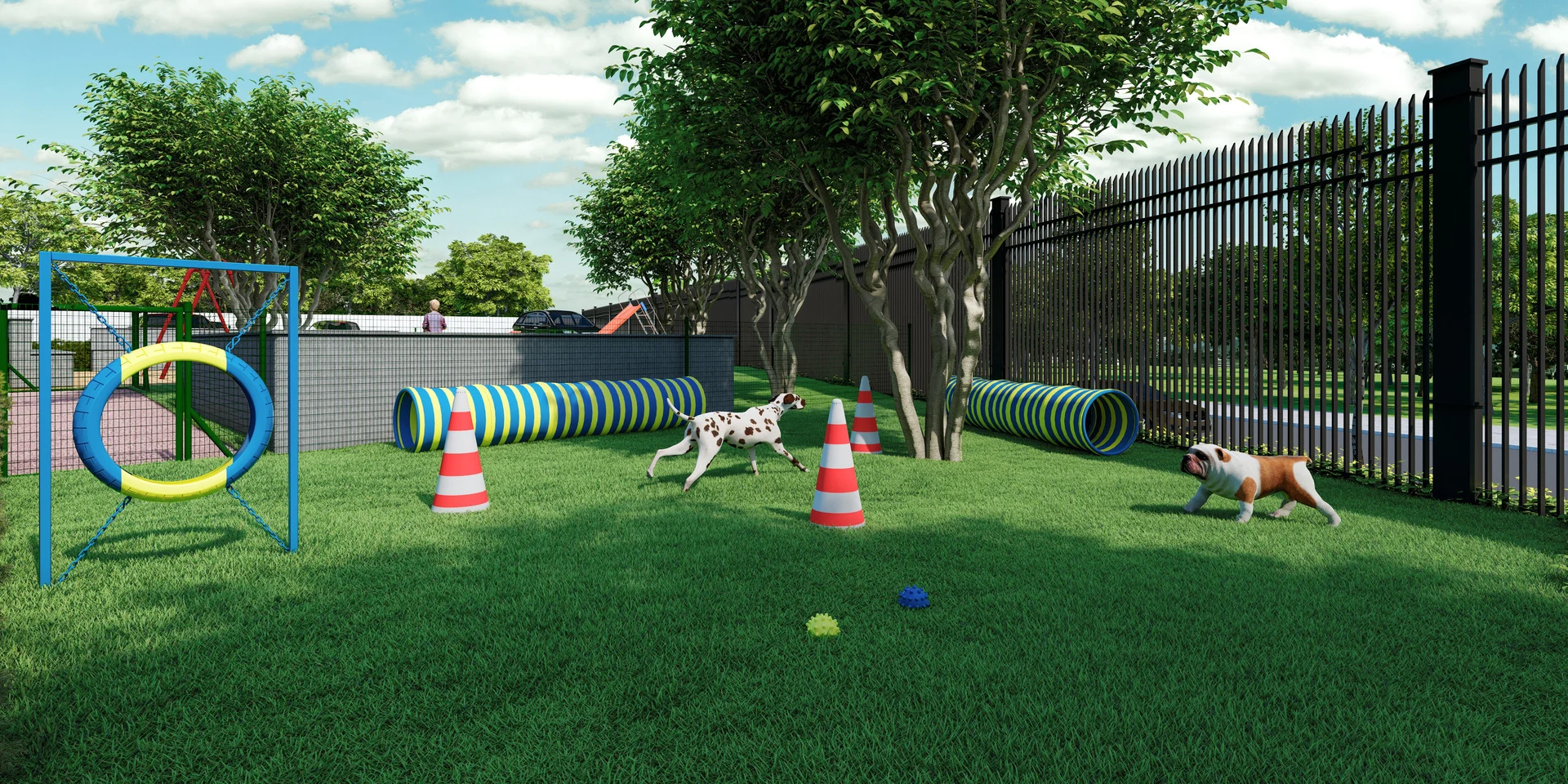 Render do espaço pet com obstáculos de agility do Reserva do Arvoredo