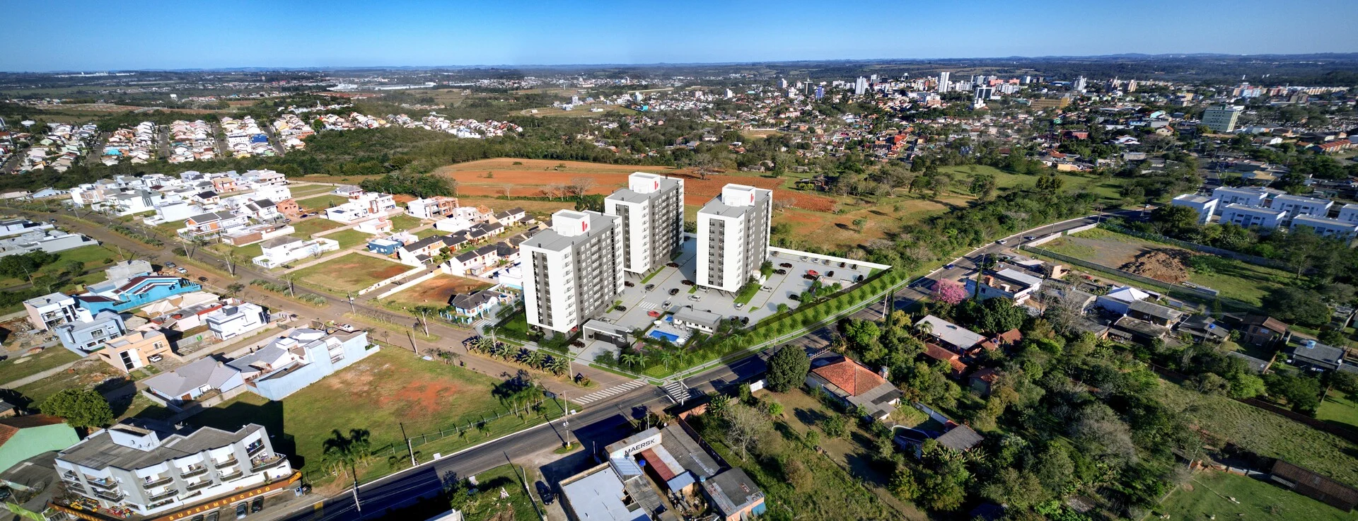 Fotomontagem aérea do bairro Cadiz com as três torres do Reserva do Arvoredo em render