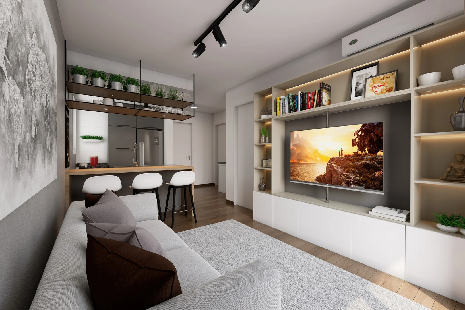 Render do living integrado do apartamento de 1 dormitório do Reserva do Arvoredo