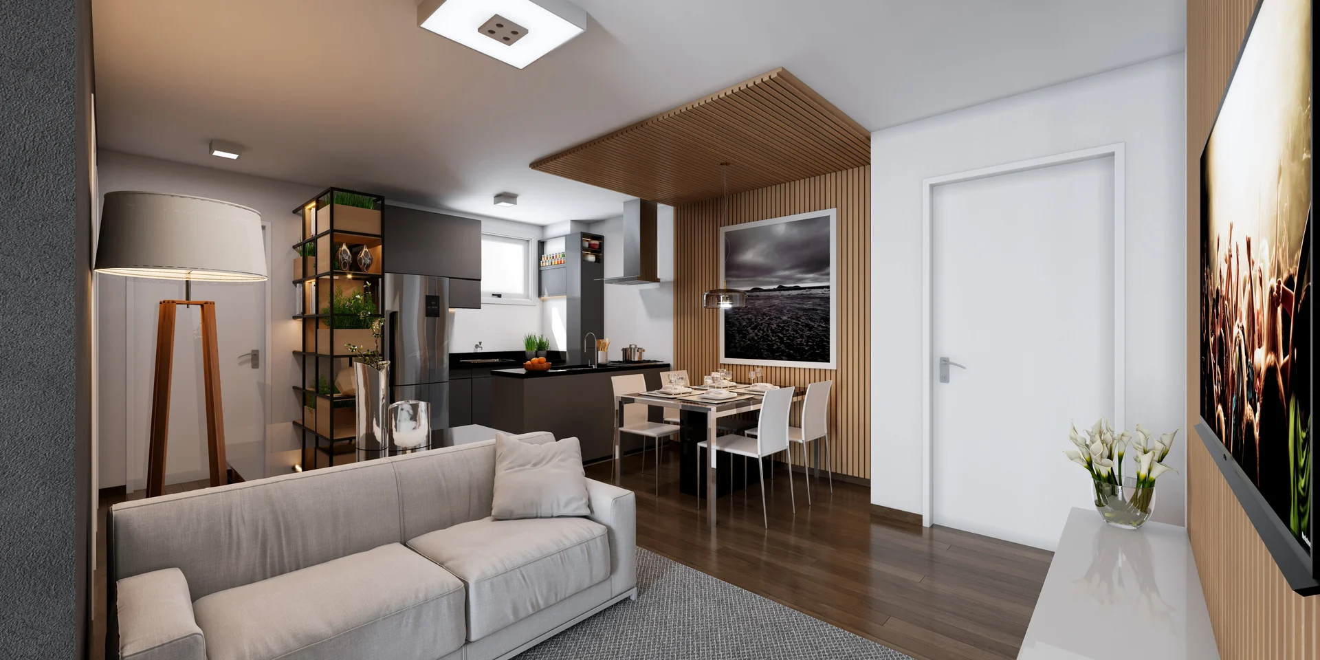 Render do living decorado do apartamento de 2 dormitórios de meio do Reserva do Arvoredo