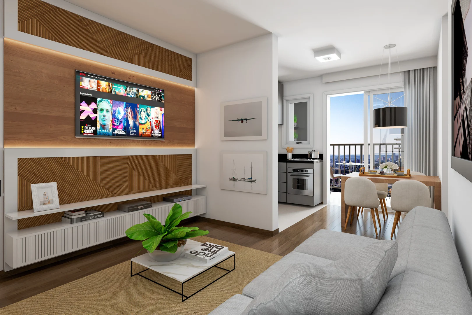 Render do living decorado do apartamento de 2 dormitórios de ponta do Reserva do Arvoredo