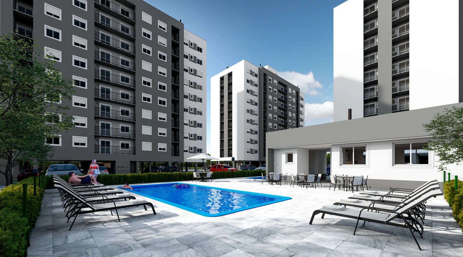 Render das piscinas adulto e infantil com deck do Reserva do Arvoredo