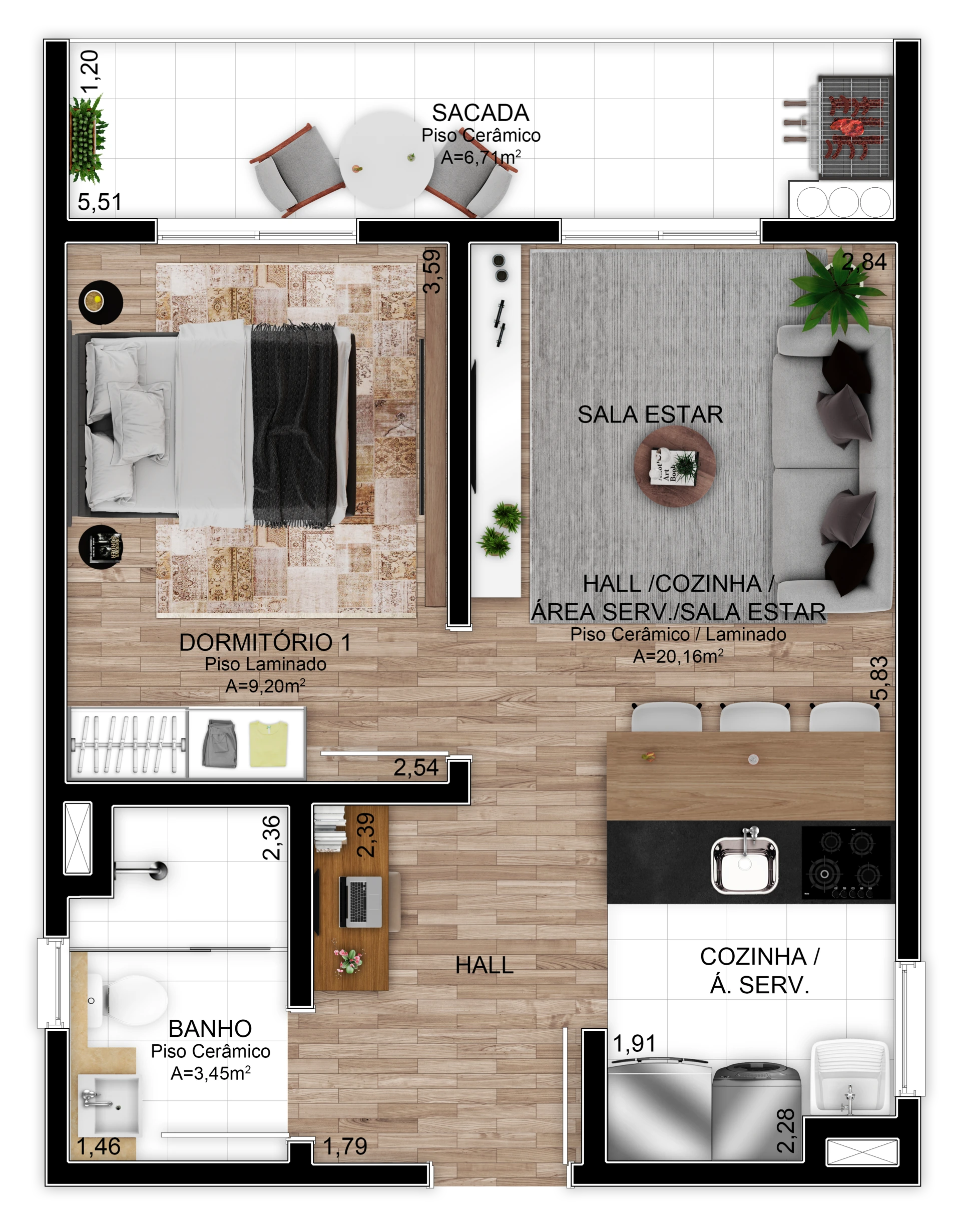 Planta humanizada do apartamento de 1 dormitório, com 44,25 m² privativos