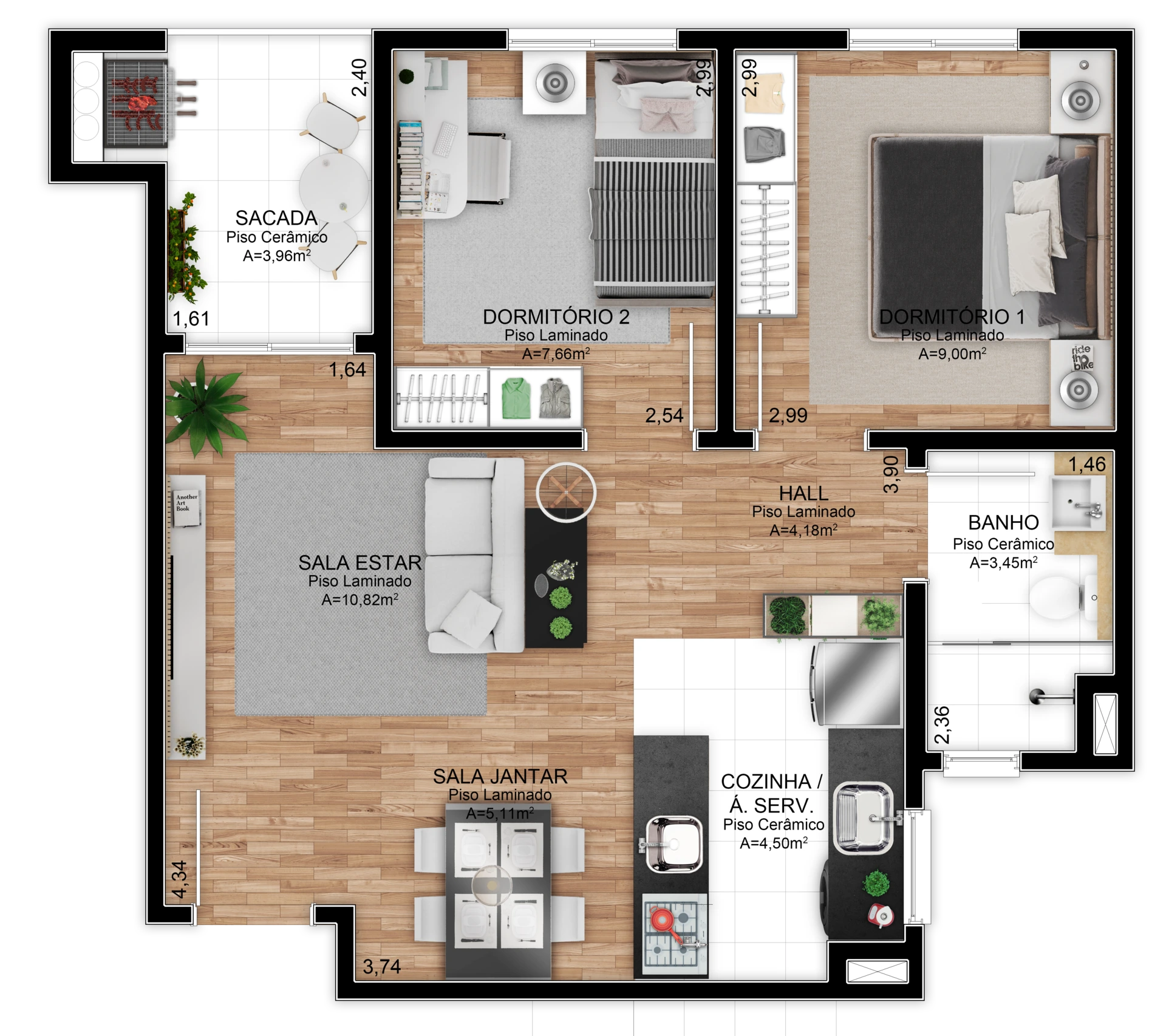 Planta humanizada do apartamento de 2 dormitórios tipo B, com 56,40 m² privativos