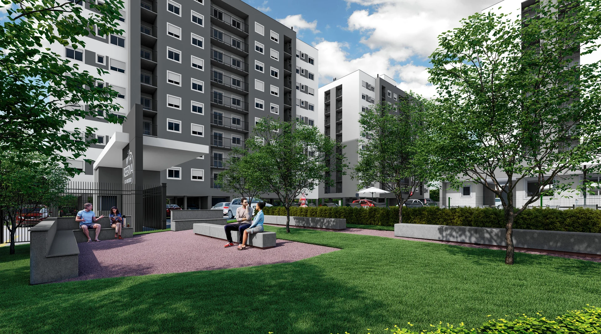 Render da praça de convivência com bancos e gramado do Reserva do Arvoredo