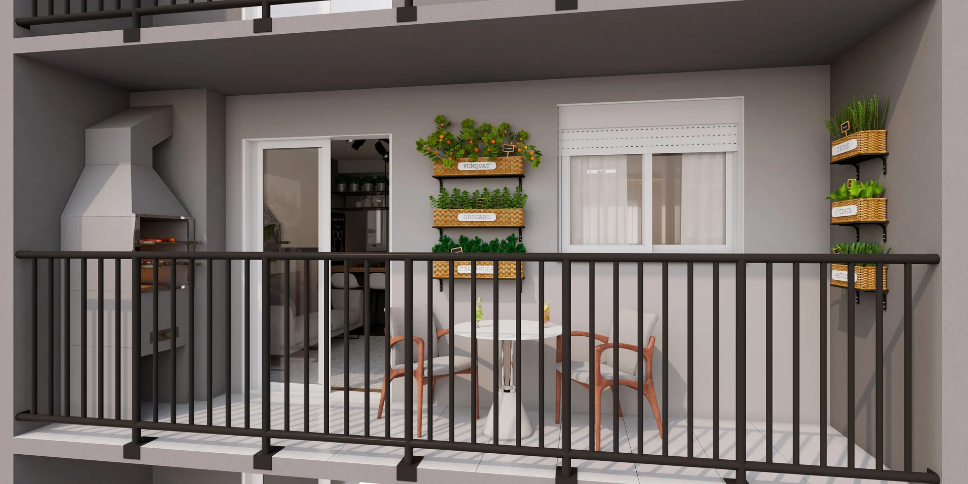 Render da sacada com churrasqueira tradicional dos apartamentos do Reserva do Arvoredo