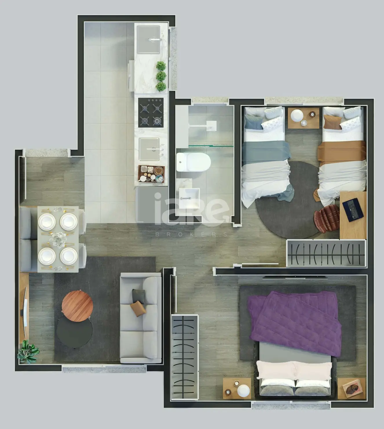 Planta do apartamento de 2 dormitórios do Salt Lake Cachoeirinha