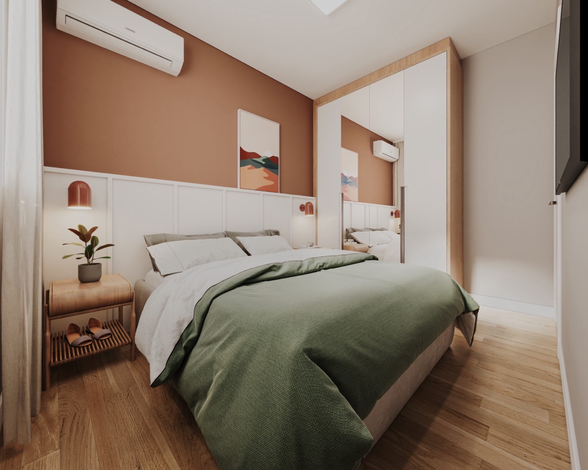 Quarto de casal do 2 dormitórios Sunflower — render oficial